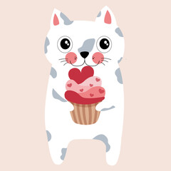 Cute valentines decorations happy cat cartoon cupcake. white cat hold pink muffin. idea for sublimation, greeting card, cut file, printing, printable, t shirt, kid cartoon
