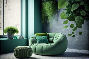 Modern luxurious green interior living room. generative ai