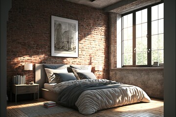 Modern interior bedroom with brick wall design. Generative ai