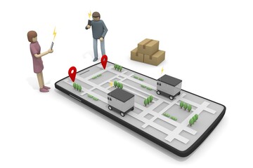 Check your luggage on your smartphone. Deliver to destination. Read map information. A robot that delivers automatically. Machines deliver packages unattended.
