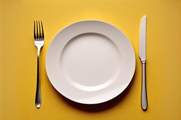 Clean empty white plate with knife and fork generative ai