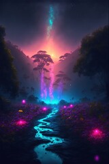 Vertical Fantasy Colorful plants in the forest with crystals and glowing path, generative ai artwork background wallpaper
