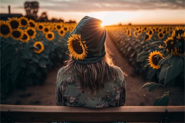 woman sitting in front of a sunflower field