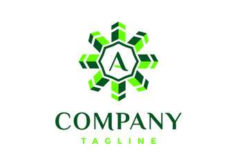 Letter A logo in green arrow shaped frame.