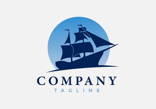 Pirate ship logo on blue moon background.