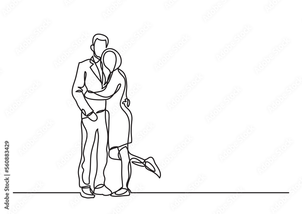 Poster continuous line drawing couple standing hugging - png image with transparent background
