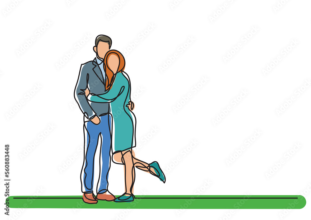 Poster continuous line drawing couple standing hugging colored - png image with transparent background