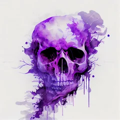 Papier Peint photo Autocollant Crâne aquarelle Purple skull. Double exposure watercolor skeleton head. Halloween concept. Generative AI