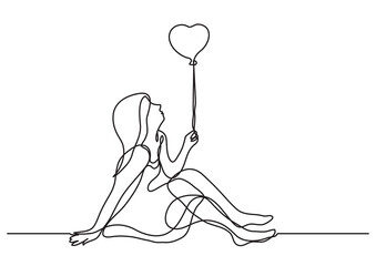 continuous line drawing girl with heart balloon - PNG image with transparent background