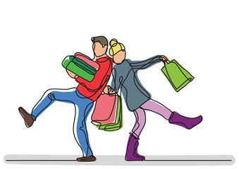 continuous line drawing happy couple with holiday gifts colored - PNG image with transparent background