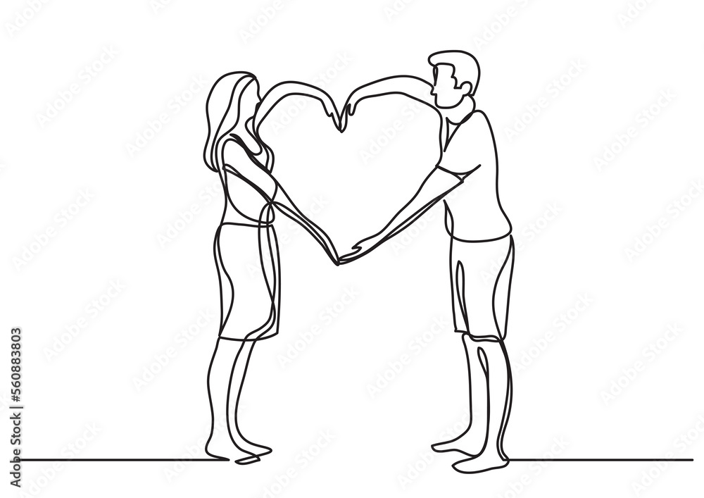 Poster continuous line drawing loving couple showing heart sign - png image with transparent background