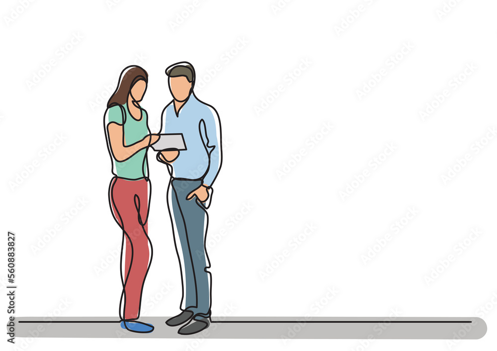 Poster continuous line drawing man and woman discussing colored - png image with transparent background