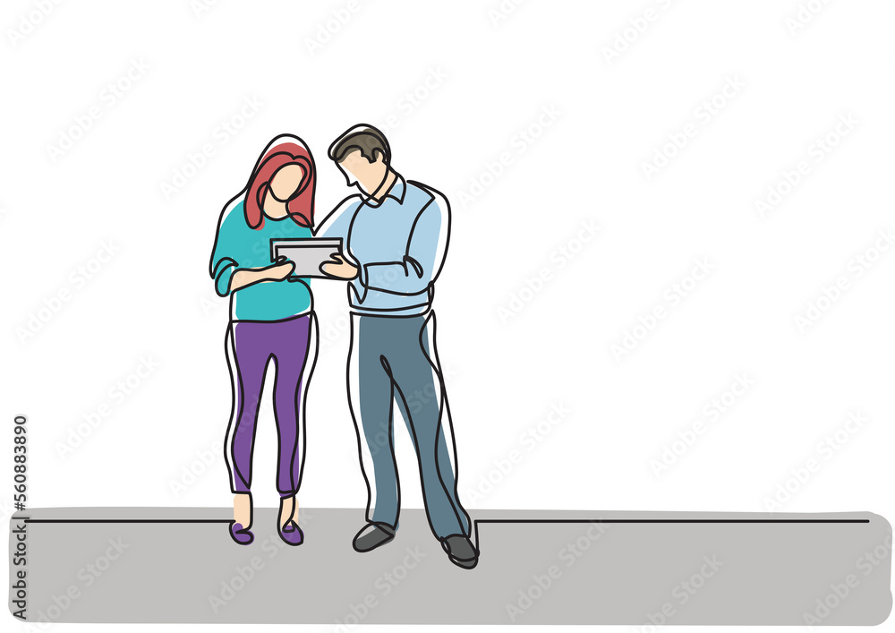 Wall mural continuous line drawing man woman standing discussing work colored - PNG image with transparent background