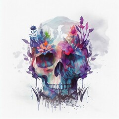 Skull flower. Double exposure watercolor skeleton head. Halloween concept. Generative AI