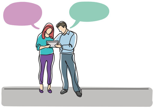 continuous line drawing man woman standing discussing work with speech bubbles colored - PNG image with transparent background