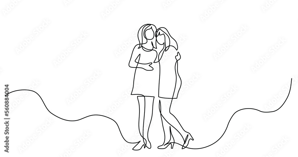 Poster continuous line drawing of two woman friends hugging each other - png image with transparent backgro