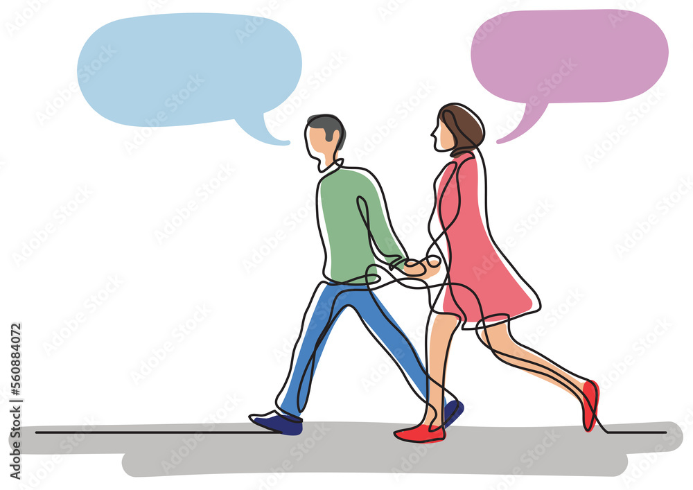 Poster continuous line drawing walking couple speech bubbles colored - png image with transparent backgroun