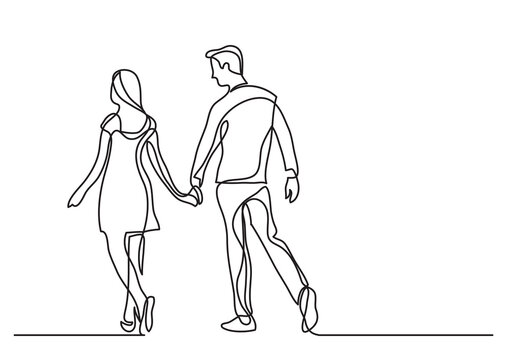 continuous line drawing young couple walking - PNG image with transparent background