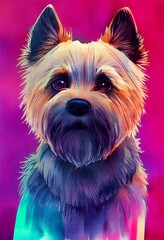 Funny adorable portrait headshot of cute doggy. Cairn Terrier dog breed puppy, standing facing front. Looking to camera. Watercolor imitation illustration. AI generated vertical artistic poster.