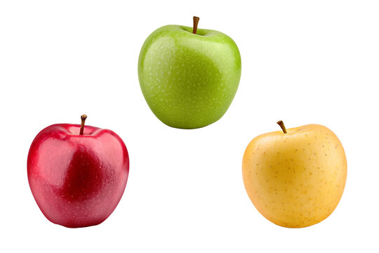 three apples red, yellow, and green are isolated on white background