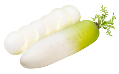 Fresh white Korean radish with slice on the white background, White radish on white Background PNG...