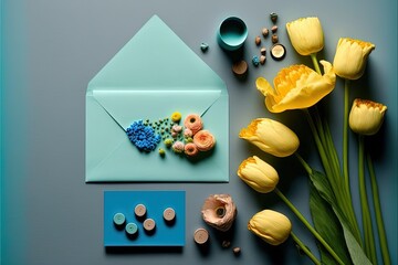 Stationery with a blue envelope and fresh spring tulip Generative ai flat lay greeting card