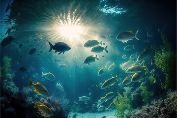 Fototapeta na wymiar coral reef and fishes generative Ai Underwater beautiful shot