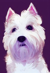 Funny adorable portrait headshot of cute doggy. West Highland White Terrier dog breed puppy, standing facing front. Looking towards camera. Watercolor imitation illustration. AI generated vertical