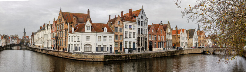 Fototapeta na wymiar Panorama of the Brugge historic city center. The old town in medieval Europe, Belgium.