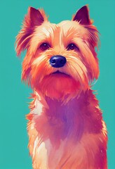 Funny adorable portrait headshot of cute doggy. Norfolk Terrier dog breed puppy, standing facing front. Looking to camera. Watercolor imitation illustration. AI generated vertical artistic poster.