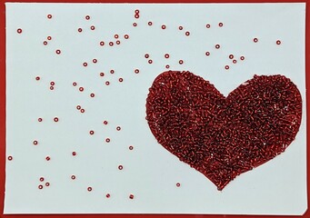 Red heart made of beads with sparks on white piece of paper with red frame