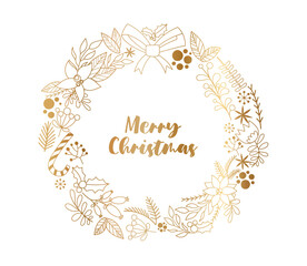 Golden Christmas wreath. New Year and winter holidays. Design for invitation and greeting postcards. Luxury and wealth, silhouettes. Poster or banner for website. Cartoon flat vector illustration