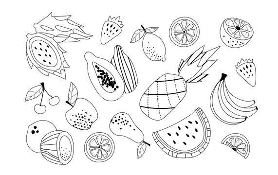 Fruits line set. Collection of minimalistic icons for website. Vegetarian diet and proper nutrition. Tropic and exotic, summer. Cartoon flat vector illustrations isolated on white background