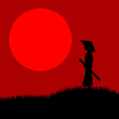 Samurai silhouette standing on the night of the bloody moon. Vector illustration.