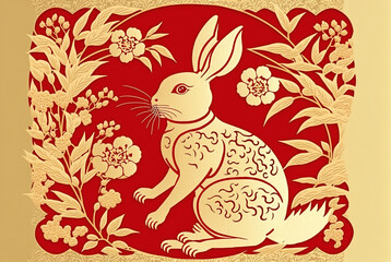 2023 new year of the rabbit banner template design with rabbits and flowers background. Generative AI.