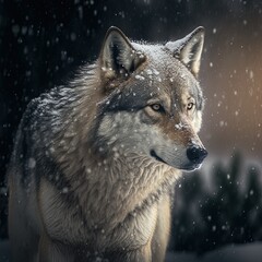 Wolf in the snow, Snowing on Wolf in a snow covered forest, wolf close up on face, wolves