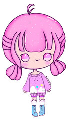 Niña de cabello rosa y suéter de nubes, sin fondo
