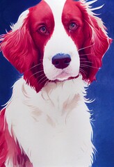 Funny adorable portrait headshot of cute doggy. Irish Red and White Setter dog breed puppy, standing facing front. Looking to camera. Watercolor imitation illustration. Vertical artistic poster