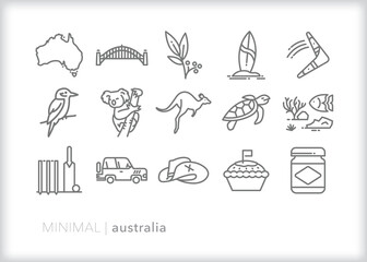 Set of Australia line icons of items a person might encounter traveling to or living in the city or outback  - obrazy, fototapety, plakaty