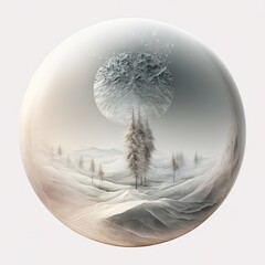 AI-generated illustration of a snow globe with a snowy mountain landscape made in the color of the mineral aragonite. MidJourney.