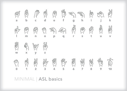 Set of American Sign Language (ASL) diagrams showing how to sign letters and numbers