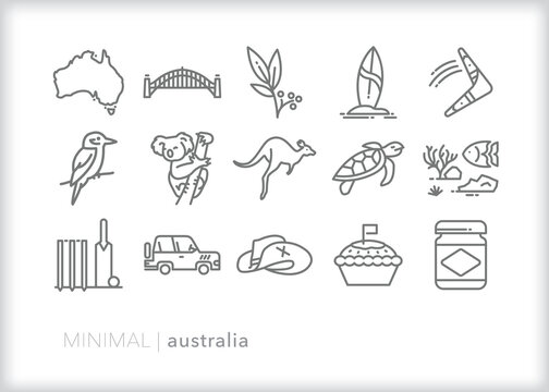 Set of Australia line icons of items a person might encounter traveling to or living in the city or outback 