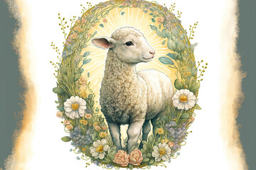 Baby lamb surrounded by flowers oval shape  watercolor, Generative AI