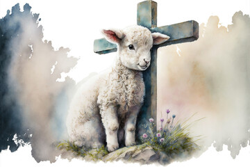 Baby lamb with a cross sitting  watercolor, Generative AI