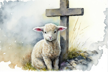 Baby lamb with a cross sitting  watercolor, Generative AI
