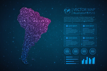 Fototapeta na wymiar South America Continent map infographics template for diagram, graph, presentation and chart with abstract geometric mesh polygonal light concept on blue background. Vector Illustration EPS10.