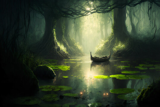 Fantasy forest swamp with boat scene AI Generative	
