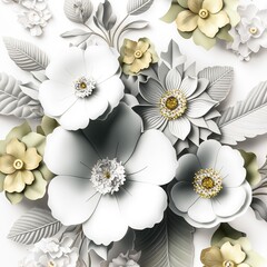 3D flowers white background repeating pattern illuminated elegant. Image generated with generative AI