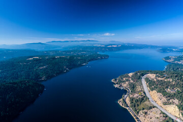Fototapeta na wymiar Aerial view of lake Coeur d'Alene in Idaho. Great places fro vacations in lake Coeur d'Alene