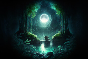 Fantasy tranquil forest scene with full moon AI Generative - obrazy, fototapety, plakaty
